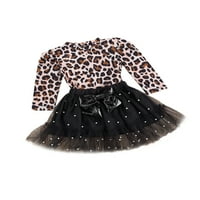 Little Girls Jesen Leopard Ispis dugih rukava Bow Bead pređa Kruška suknja