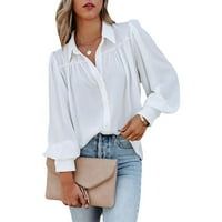 Žene dugih rukava šifon košulja Laterterna rukava Top Casual V izrez Poslovni vrhovi, XL White