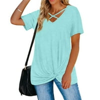Ženska ljetna majica V-izrez čvrsta bluza s kratkim rukavima plava 3xl