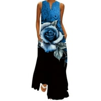 Huaai Žene cvjetni print V izrez Maxi haljina bez rukava Boho Beave haljine Ljetna casual labava sandress s džepovima