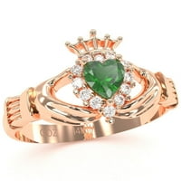 Claddagh smaragdni dijamantni prsten u čvrstom 14K ruž zlatu