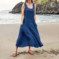 FOPP Prodavač Ženska modna casual Solid Boja bez rukava pamučna posteljina haljina plava m
