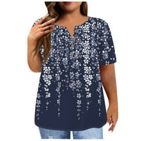 Ženska majica s kratkim rukavima plus veličina majica Flower Print Cousely Tops, Navy, XXXXL