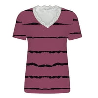 Striped majice za žene srušeno casual carice, žene ljetne vrhove Crochet čipke košulje Trim V izrez casual labave majice