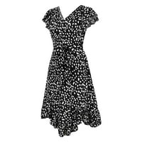 Crne haljine za žene Ženska moda Tanak V-izrez ruffle rukave Leopard Ispiši nepravilnu haljinu od ruba