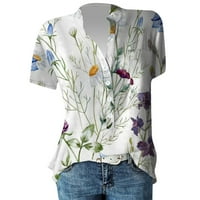 MLQIDK Ženski kratki rukav cvjetni V izrez Ležerni tunički bluza Labava košulja Gumb Up Henleyji košulja,