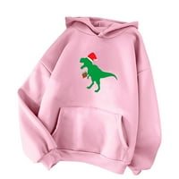 Žene Jesen i zimska casual puna boja Božićni dinosaur uzorak džep duks džemper hoodie