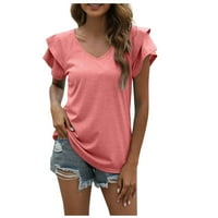 Ženske vrhove kratkih rukava casual bluza od pune boje Žene košulje V-izrez ljeto ružičasta 2xl