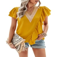 Žene Ljetne casual majice kratkih rukava kontrastni boja ruffle trim v izrez Basic Tops Streetwear