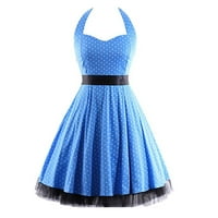 Haljine za žene A-line casual v-izrez patchwork mish polka dot print ljetni haljini bez rukava, plavi