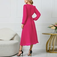 Stalne haljine za žene Ženski dugi rukav Slim Fit Pleated Belt V-izrez Elegantna haljina Hot Pink, XL