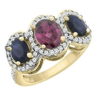 10k žuto zlato prirodno rodolite i hq plavi safir 3-kameni prsten ovalni dijamant, veličina 8.5