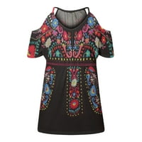 Ženski zapadni etnički stil Ispiši hladne ramene majice Ljetni patchwork kratki rukav V izrez cvjetni