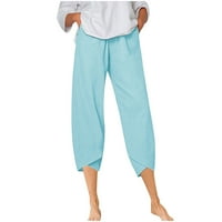 Ženske pamučne posteljine kapri hlače ljetne elastične visoke struke široke nogave hlače Ležerne prilike labavih salona sa džepovima