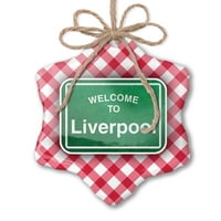Ornament tiskani jedno oboren zeleni putni znak Dobrodošli u Liverpool Božić Neonblond