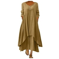 Haljine za ženske ležerne haljine od pune boje V-izrez dugih rukava nepravilna gumba duga haljina