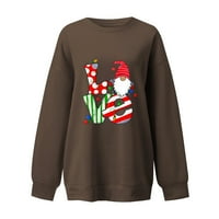 Popust Ženska jesen zimska dukserica okrugla vrat dugih rukava Božićno pismo gnome grafički ispis džemper s pulover s ramenom Top Brown XL