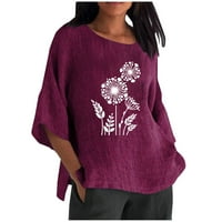 Ženski rukav pamučni posteljina bluza Ljetni posadni vrat Print Tops casual labave majice Purple XL