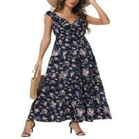 Bomotoo ženske haljine Cvjetni print Ljeto plaže Sunderss V izrez duge maxi haljine labavi odmor tamno plave s
