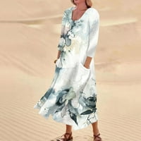 Feterrnal ženska casual udobna cvjetna print tri četvrtine rukava pamučna džepa haljina maxi haljina