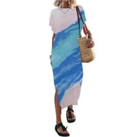Ženska ljetna modna seksi Split ljetni kratki rukav tiskani maxi haljina haljina na plaži nebo plava