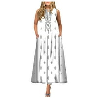 Cleariance Ljetne haljine za žene tiskane okrugli izrez A-line dužine gležnja modna haljina bez rukava bez rukava bijela m
