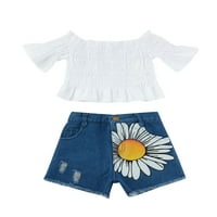 Aturuste Girl Summer Outfit Toddler TUNIFE OFF SHOWRY CARSAVE čipke Ruched Tops + Sunflower Traper Shorts