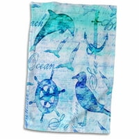 3drose obalna ilustracija s morskim galebom i dupinom u plavoj ručniku -