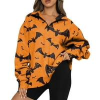 Zip Up Halloween Hoodies za žene Polovina zatvarača Callar rever. Preveliki Halloween Bat Print Hoodies Duge rukave Dukserice Jesen Outfits Zimska odjeća Narandžasta XXXL