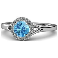 Blue Topaz i dijamantski halo zaručni prsten 1. CT TW u 14k bijelo zlato