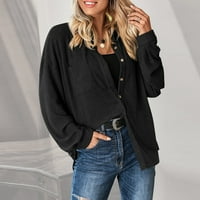 Yubatuo ženska majica casual majica na dugim rukavima sa dugim rukavima sa džepovima košulje za žene Black XL