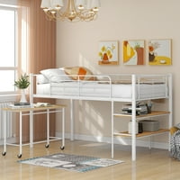 Twin Metal Potkrovlje kreveta sa stolom i policama, nisko potkrovlje krevetni okvir za dječje dječake Djevojke, nije potrebno BO proljeće - bijelo