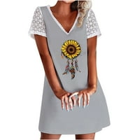 USMIXI Sundresses za žene kratki rukav V-izrez suncokretov perje ispis mini haljine plaža čipka obloge