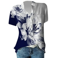 Ženske vrhove bluza Žene kratki rukav Ležerne prilike Cvjetne modne Henley Majice Plava 3xl