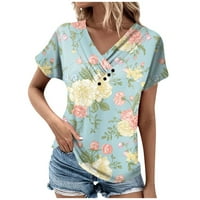 Apepal ženski lepršavi kratki rukav ljeto V izrez Casual majice opuštene fit bluze svijetlo plava l