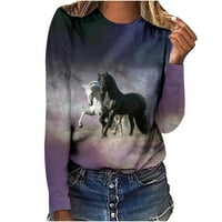 Hoksml ženski vrhovi Dressy Casual Fashion Laose Womens T košulje životinjskog tiskanog bluza za vrat izrez za izrez dugih rukava pulover na klirensu