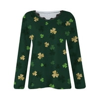 Ženski modni casual sav. Patrickov dan tiskani majica s dugim rukavima čipkasti šivanje top, tamno zelena,