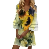 Ženski modni temperament Elegantni svježi cvjetni ispisani V-izrez rukavi mini haljina žuti xxxxl