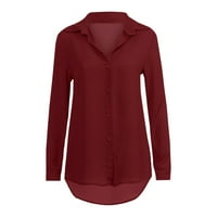 Bluze za žene, ženska bluza šifona pune boje dugih rukava s dugim rukavima niz elegantne V-izrezne majice na vrhu vino l