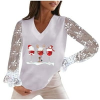 Smihono Cleariance Božićne crvene vinske staklene bluze košulje muževe zimske seksi V izrez čipka u šuplju od raglan dugih rukava zvona na vrhu trskih leisure bijeli xl