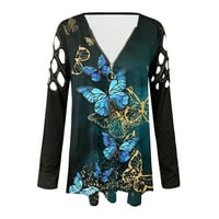 Xiuh V-izrez dugih rukava ženske tuničke bluze zatvarač sa zatvaračem Butterfly printova bluza na vrhu