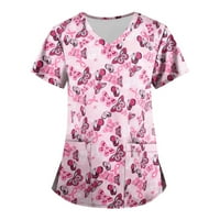 Tking Fashion Weens Plus Plus Size Labavi kratki rukav Koruk za životinje Summer V Džep za vrat Radna uniforma Košulje Hot Pink 5XL