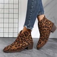Daznico Womens Vintage Leopard Print Suede V Dizajn kvadratnih peta napetljive prsti kratke čizme za žene
