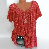 Cuoff Bluze za žene plus veličine kratkih rukava V-izrez Print Pulover majica Ženske vrhove crvena 2x