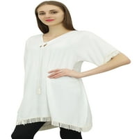 Bimbi ženski bijeli kimono rukav casual boho tunic bluze s rubovima-16