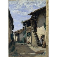 Jean-Baptiste-Camille Corot Crna modernog uokvirenog muzeja Art Print pod nazivom - seoska ulica; Dardagny
