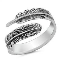 Otvoreni oksidirani zamotani lisni prsten. Sterling srebrni perjanski pojas nakit ženski muška unise
