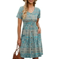 Ljetne haljine za žene Preppy stil V-izrez s kratkim rukavima cvjetne poslovne haljine XL plave boje