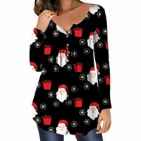 Odieerbi božićne majice za žene dugih rukava Ležerne prilike za božićne tiskane pulover okruglih dugmadi za bluzu Bluza Crna