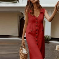 Clearsance Ljetne haljine za žene V-izrez Čvrsta A-lina Ležerna haljina bez rukava Crvena XXL
